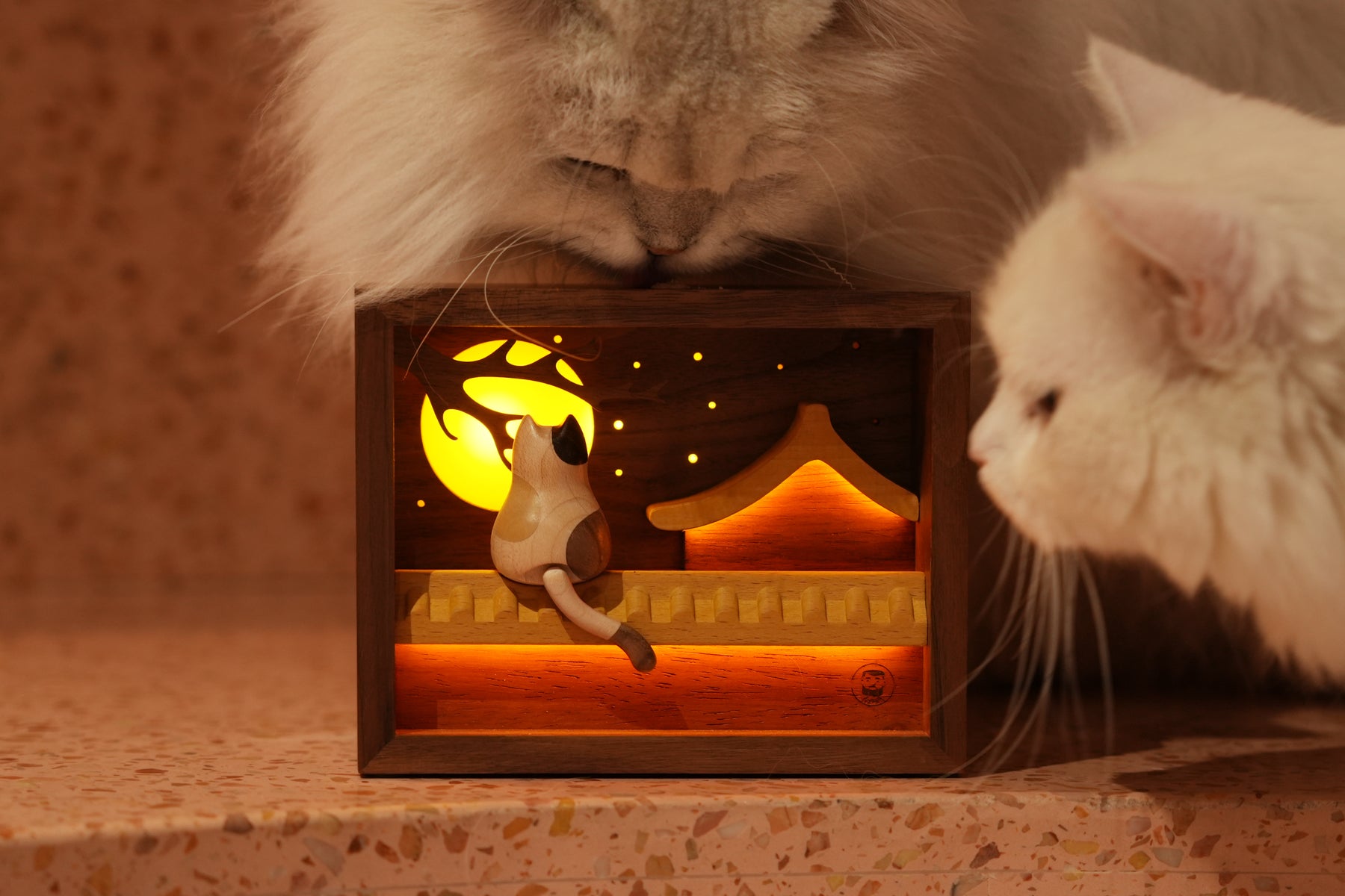 Moon-Gazing Wooden Cat Lamp by Baigu Uncle with warm light and a quiet cat scene