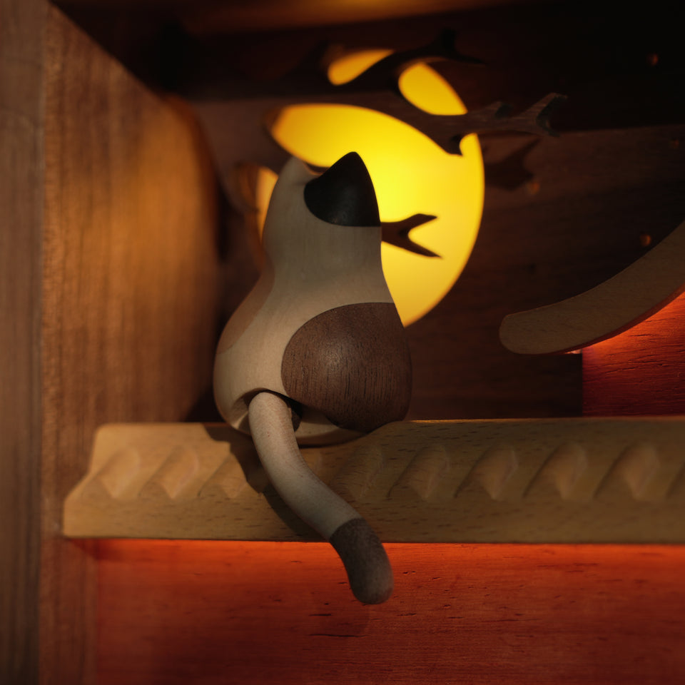 Moon-Gazing Wooden Cat Lamp