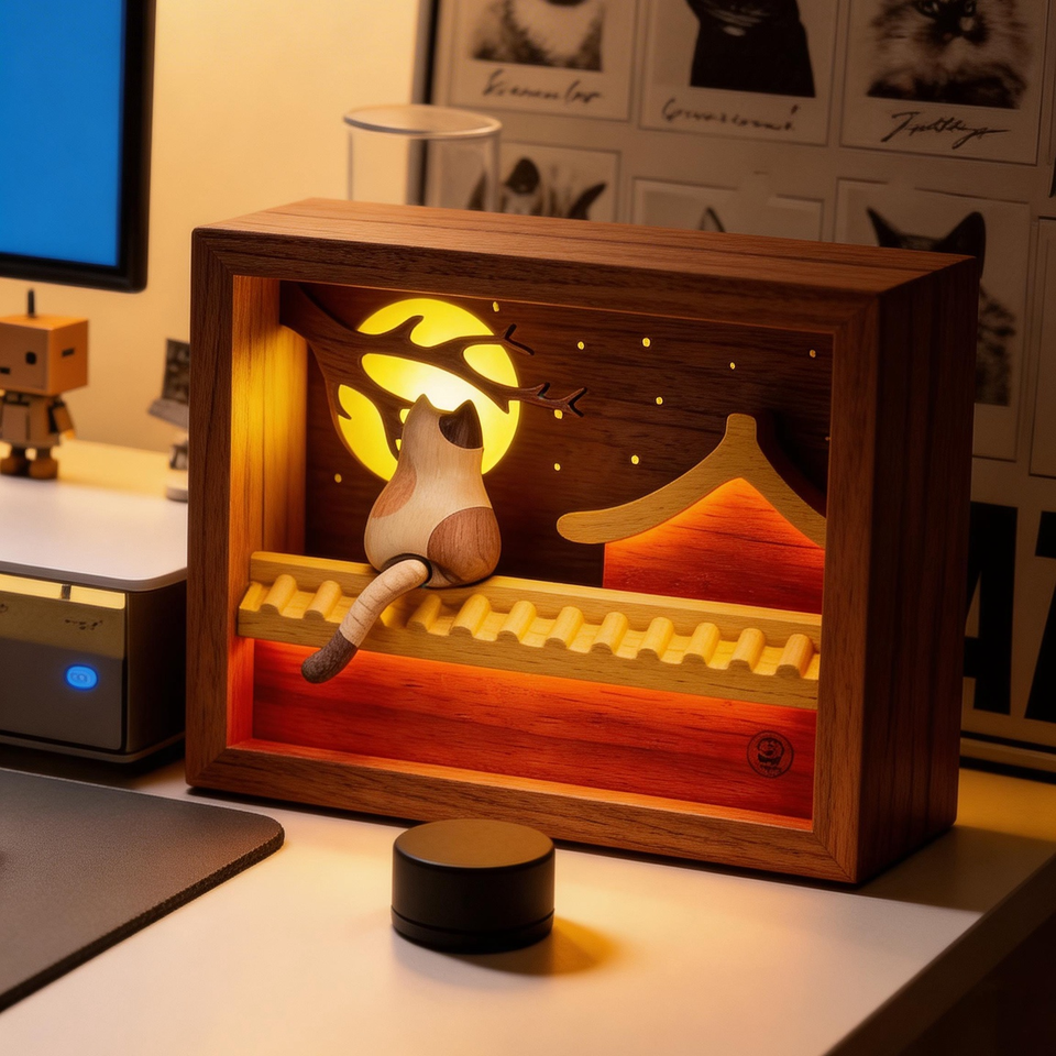 Moon-Gazing Wooden Cat Lamp