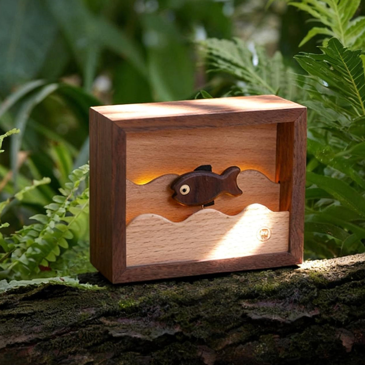Wooden Little Fish Lamp by Baigu Uncle with warm night light and wooden fish detail