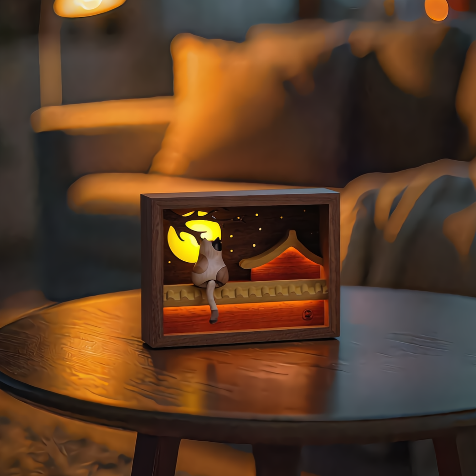 Moon-Gazing Wooden Cat Lamp