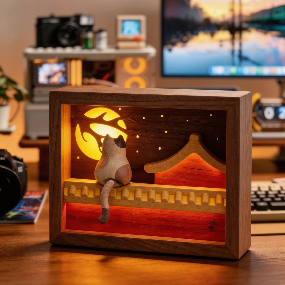 Moon-Gazing Wooden Cat Lamp