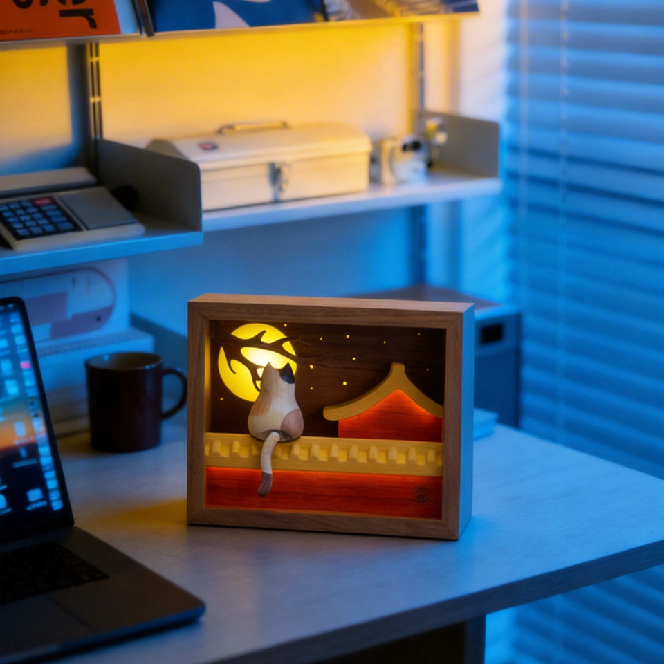 Moon-Gazing Wooden Cat Lamp