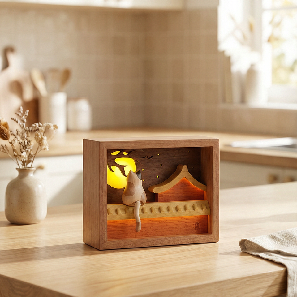 Moon-Gazing Wooden Cat Lamp
