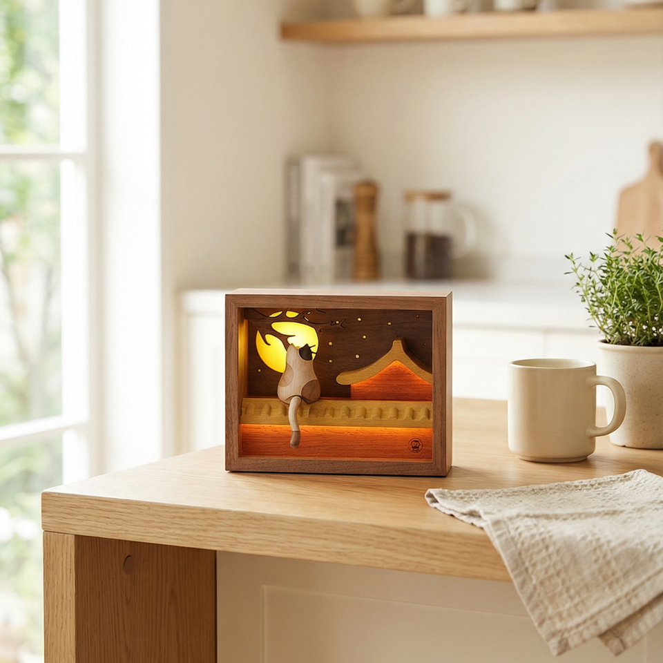 Moon-Gazing Wooden Cat Lamp